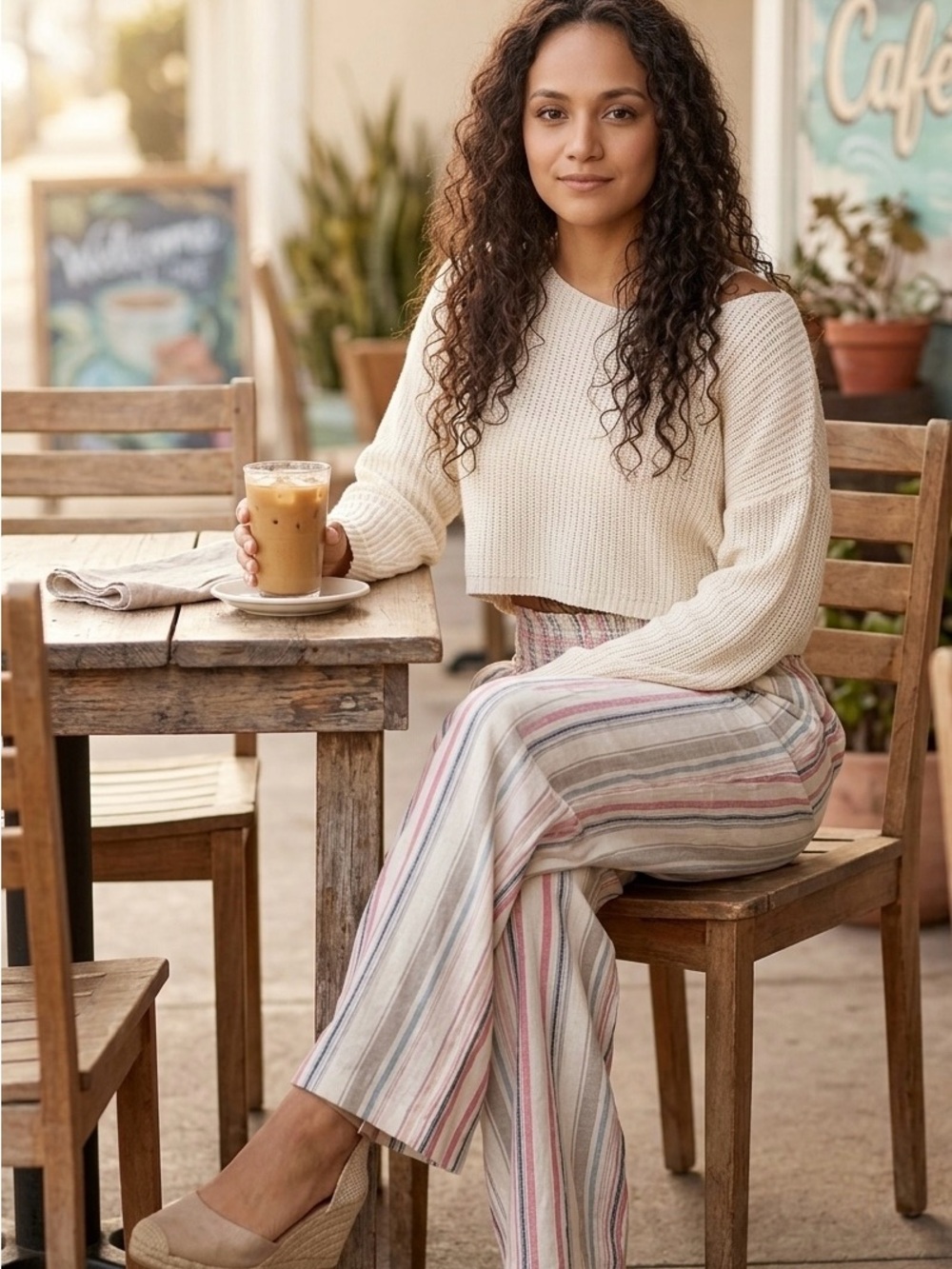 NWT Rewash Linen Blend Coastal Stripe Wide Leg Pants M - Picture 2 of 9